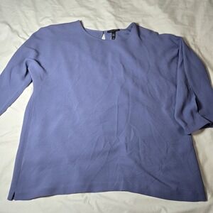 Eileen Fisher Blouse 100% Silk 3/4 Sleeves W/Slits Periwinkle Keyhole Back NWT‎